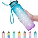 Plastic Leakproof BPA-Free with Time Marker & Straw Drinking Water Bottle to Ensure You Drink Enough Water Throughout the Day (Ombre Green, Purple, Large, Pack of 1)