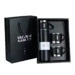Double Wall Stainless Steel Thermo 500ml Vacuum Insulated Bottle Water Flask Gift Set with Two Cups Hot & Cold - Black